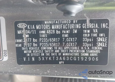 2012 Kia Sorento Lx from USA, damaged, VIN 5XYKT3A63CG192906